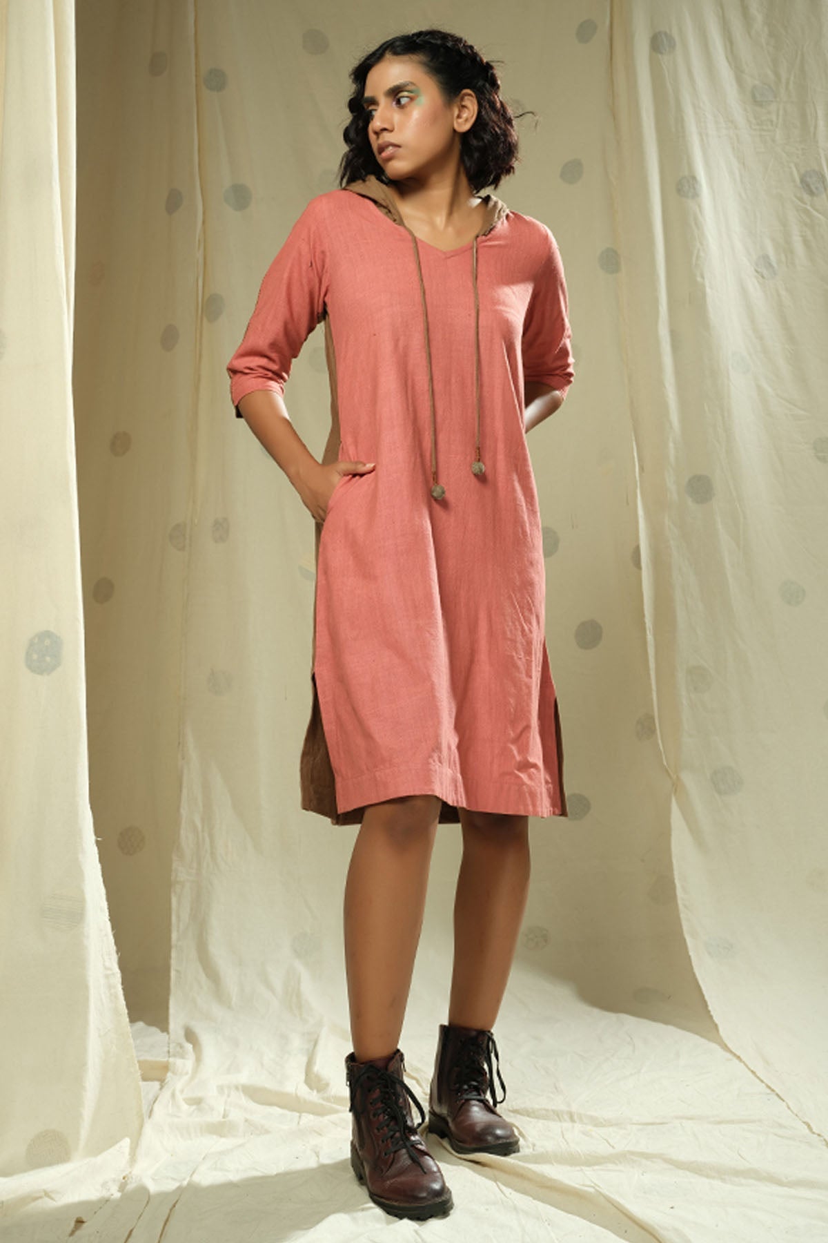 Buy Thread Game Pink Knee Length Hoodie Dress For Women online at ScrollnShops