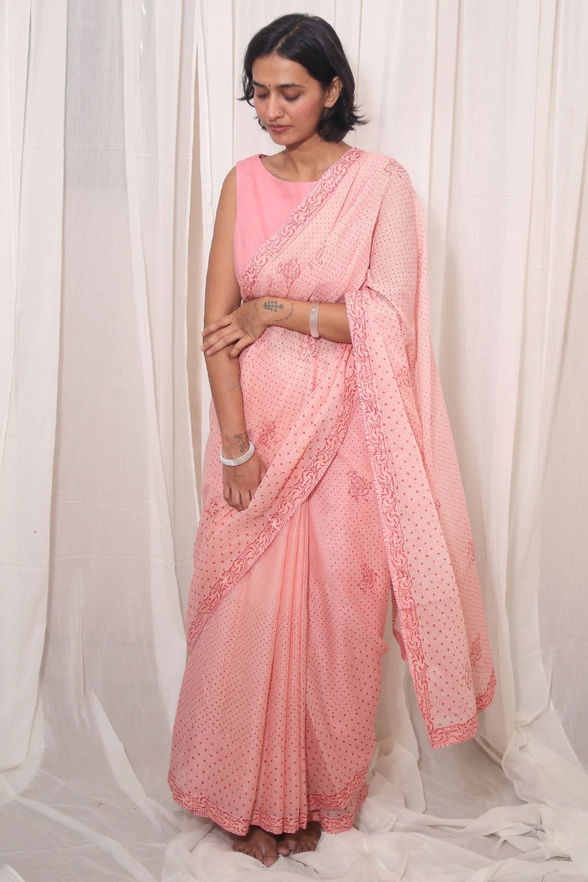 Buy Pink Kota Doria Printed Saree for women by House Of 87 online available at scrollnshops