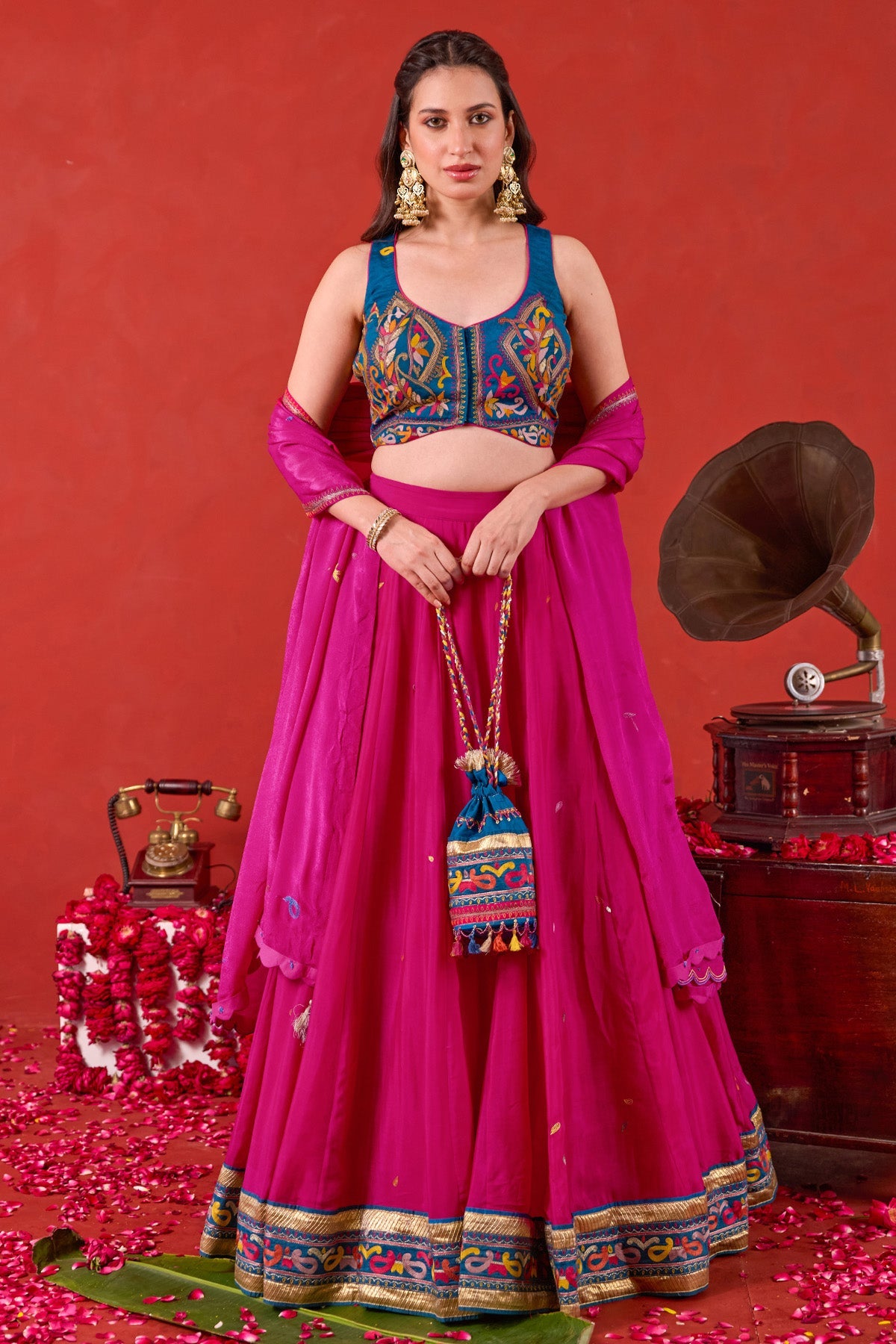 Buy Pink Kutchi Motifs Lehenga Set for women by Taro India online available at scrollnshops