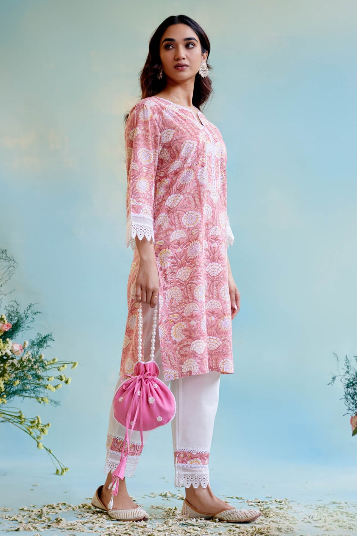 Nero Pink Lace Cotton Kurta & Pants for women at ScrollnShops