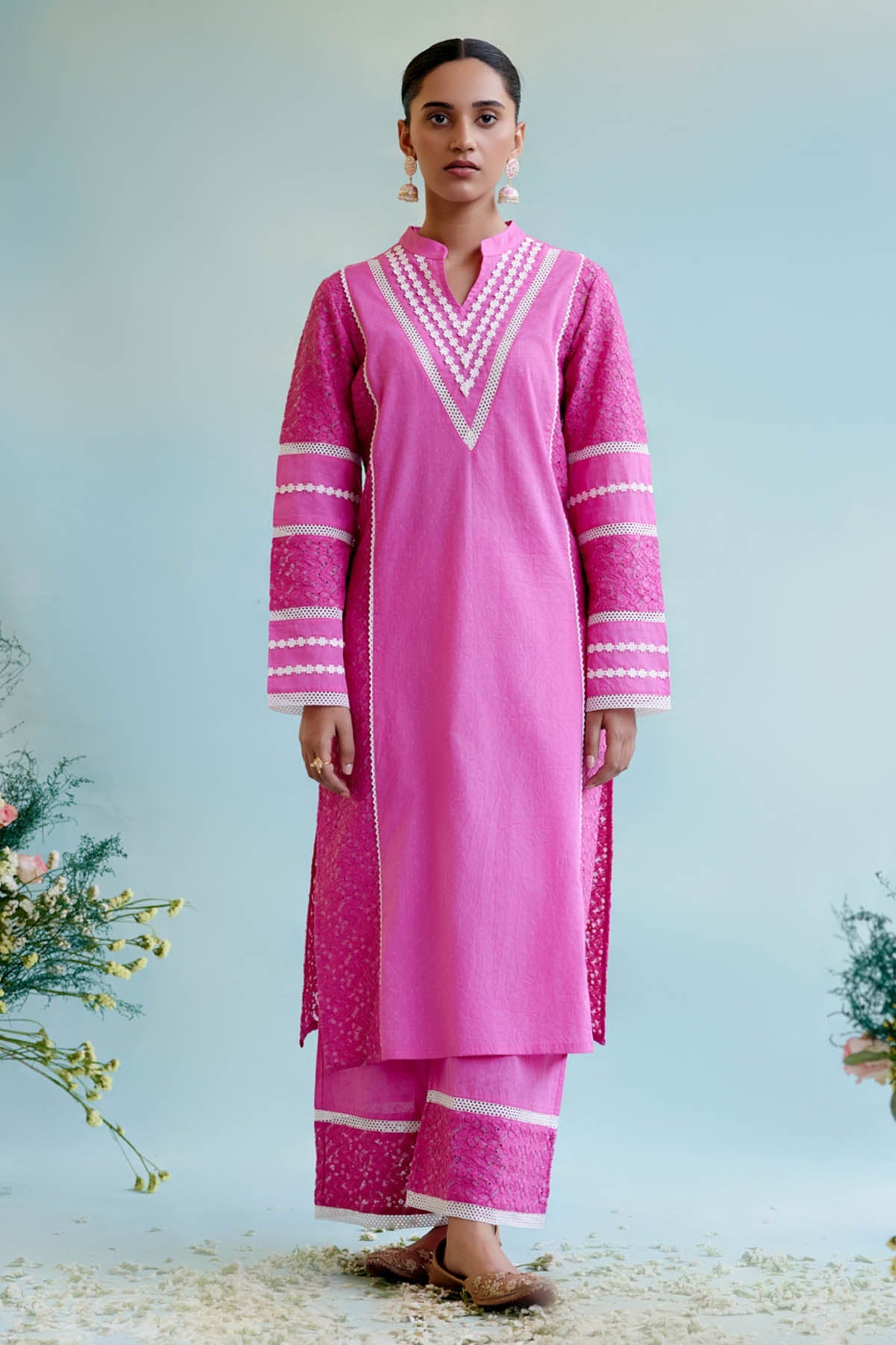 Nero Pink Lace Cotton Kurta Set for women at ScrollnShops