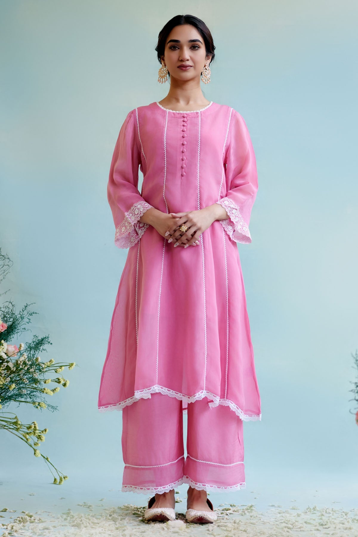 Nero Pink Lace Embellished Kurat Set for women at ScrollnShops
