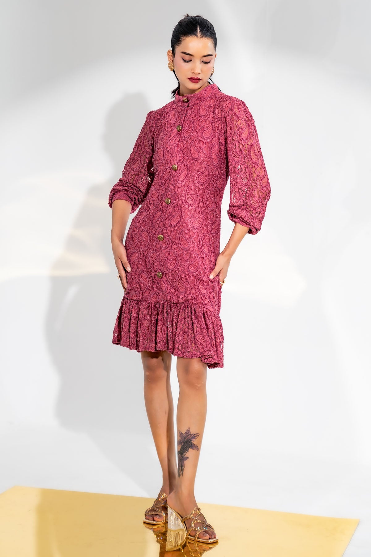 Enness Studio Pink Lace Layered Mini Dress for women online at ScrollnShops