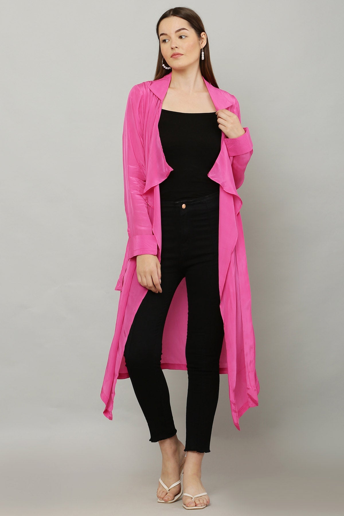 Designer Kusmi Cascading Charm: Long Pink Crepe Jacket with Self-Tie For Women at ScrollnShops