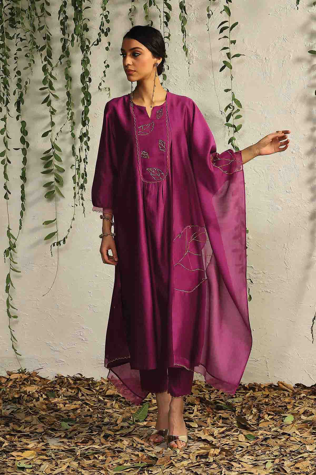 Pink Leaf Embroidered Kurta Set