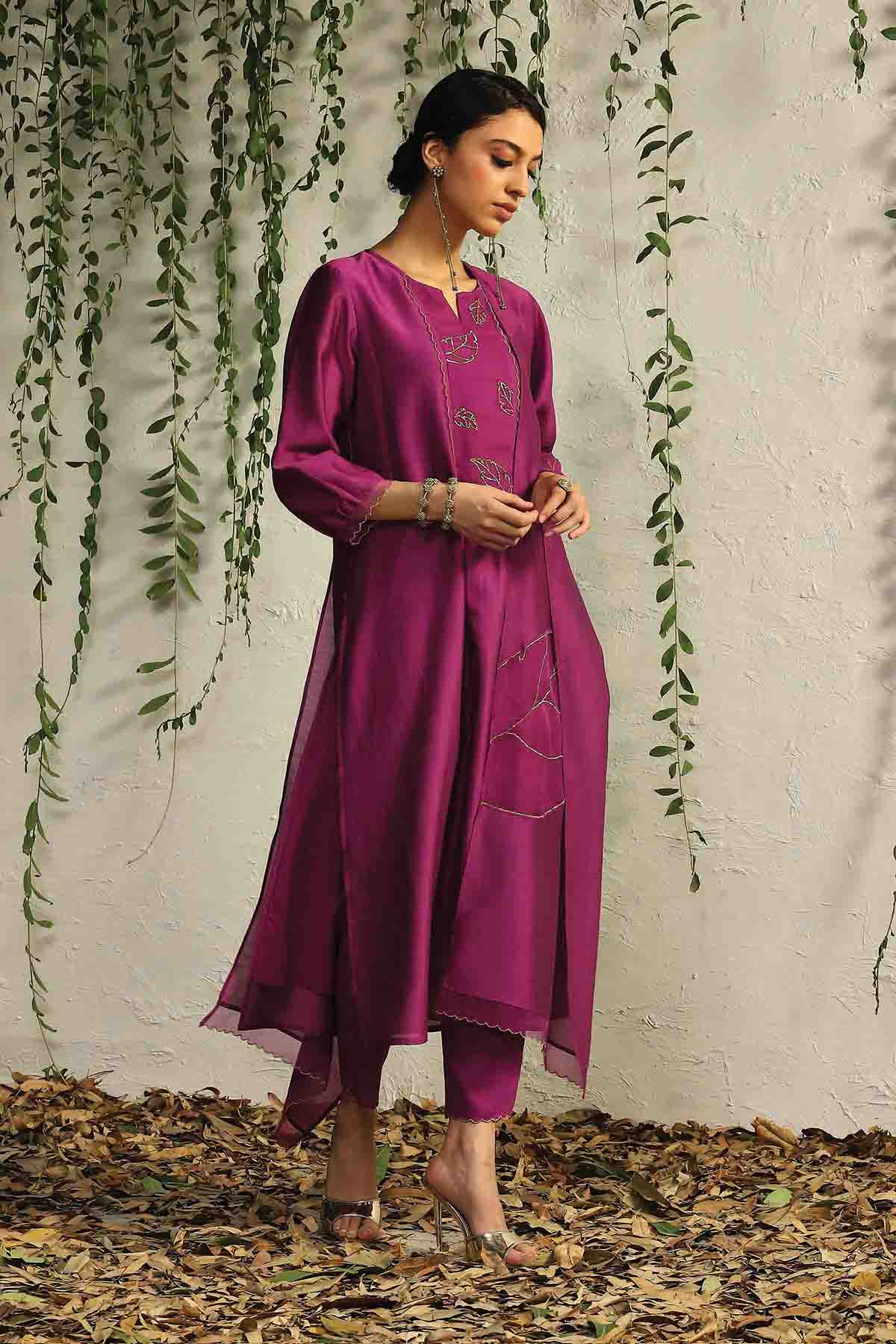 Pink Leaf Embroidered Kurta Set