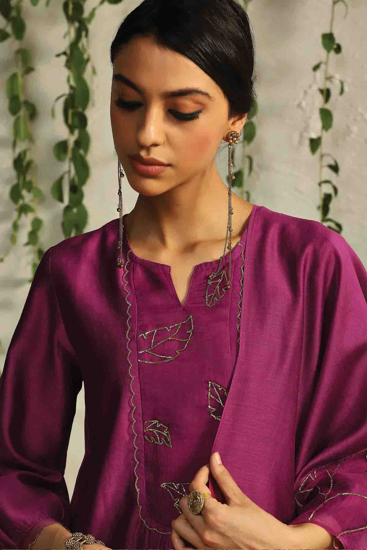 Pink Leaf Embroidered Kurta Set
