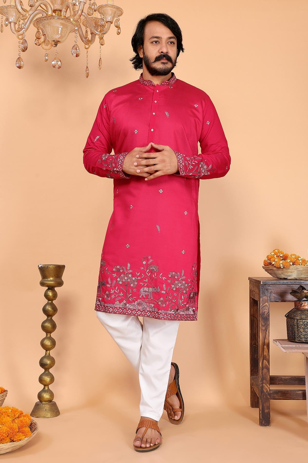 Buy Pink Linen Cotton Kurta & Pants for men by Jyoti Fashion online available at scrollnshops
