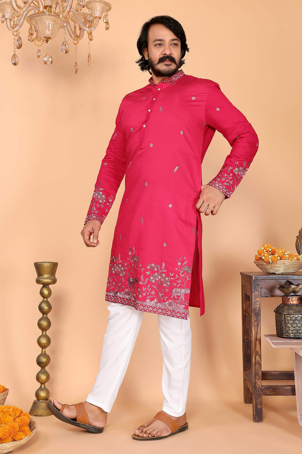 Pink Linen Cotton Kurta & Pants