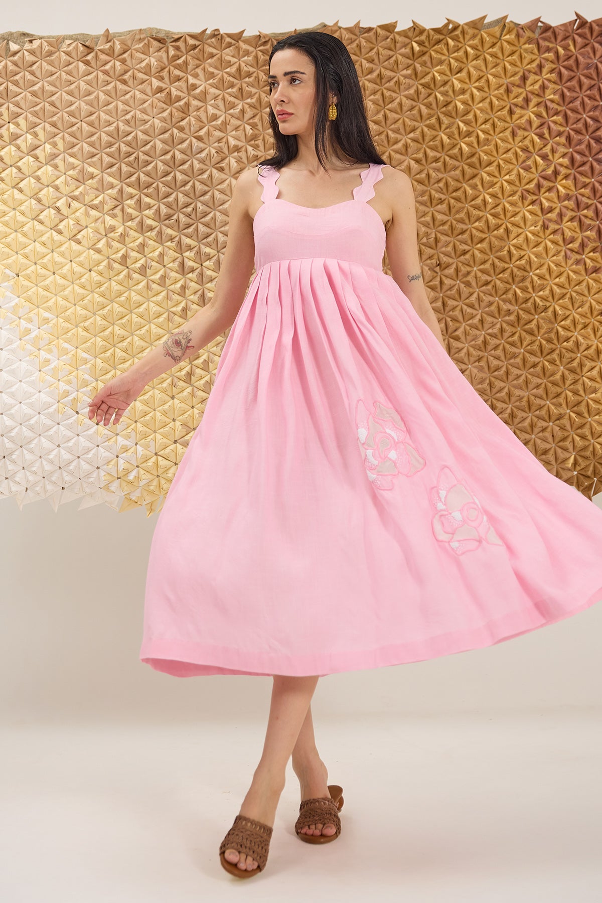 Buy Pink Linen Pleated Midi Dress by The Loom Art for women online at ScrollnShops