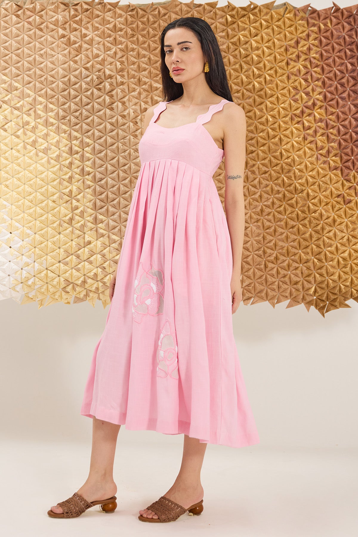 Pink Linen Pleated Midi Dress
