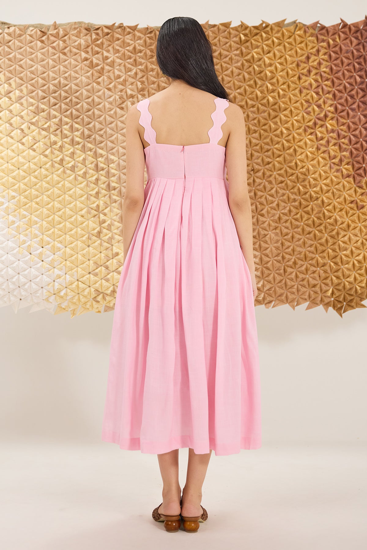 Pink Linen Pleated Midi Dress
