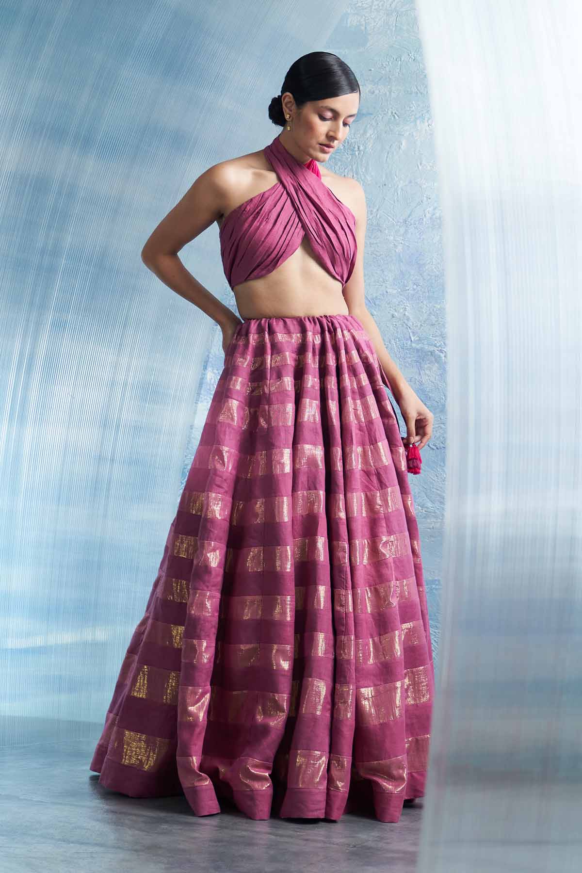 Pink Linen Wrap Neck Lehenga Set