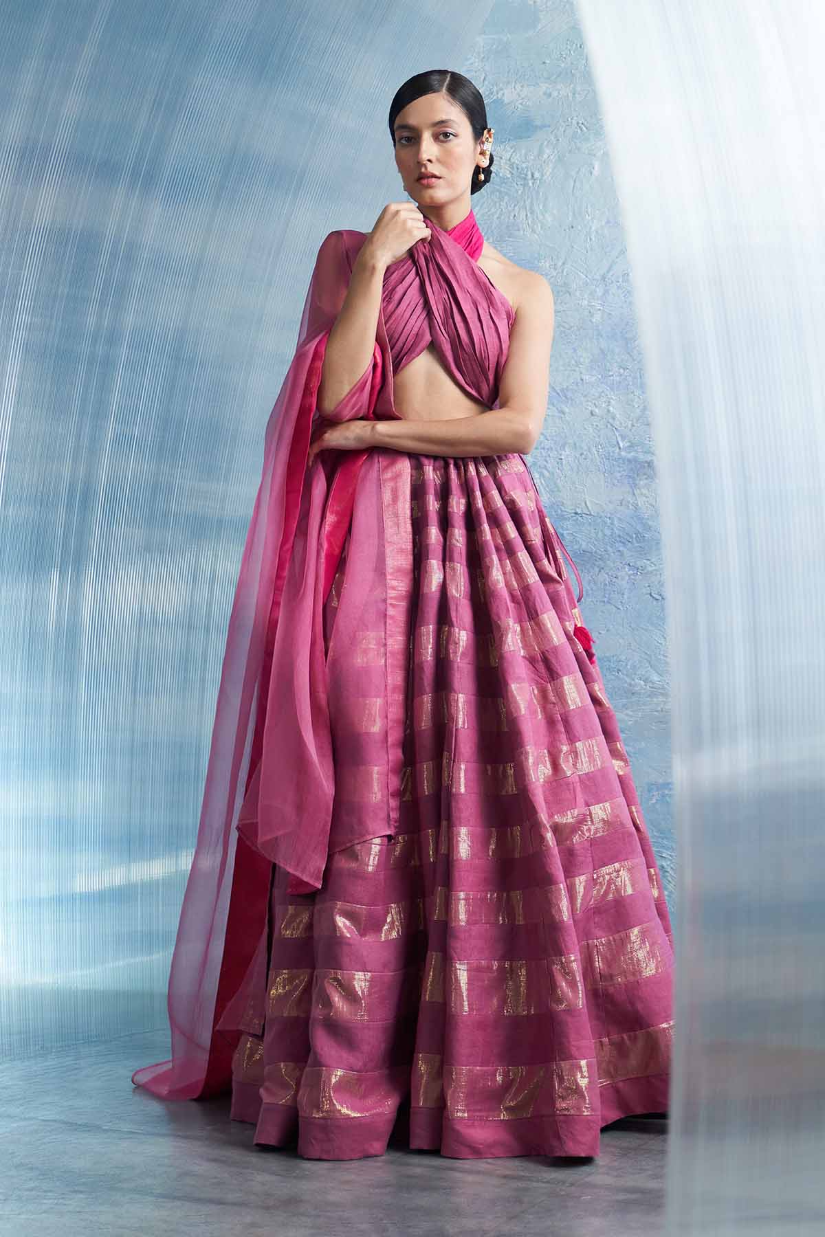 Buy Pink Linen Wrap Neck Lehenga Set Online
