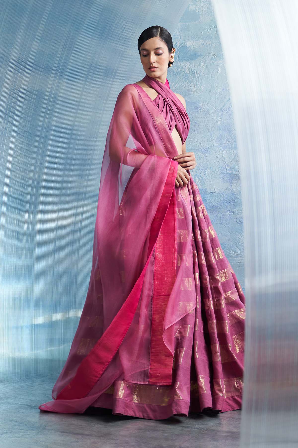 Pink Linen Wrap Neck Lehenga Set