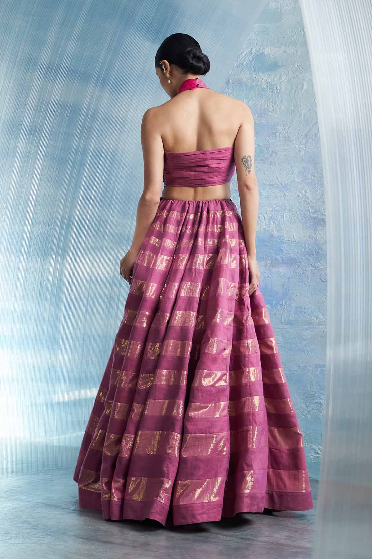 Pink Linen Wrap Neck Lehenga Set