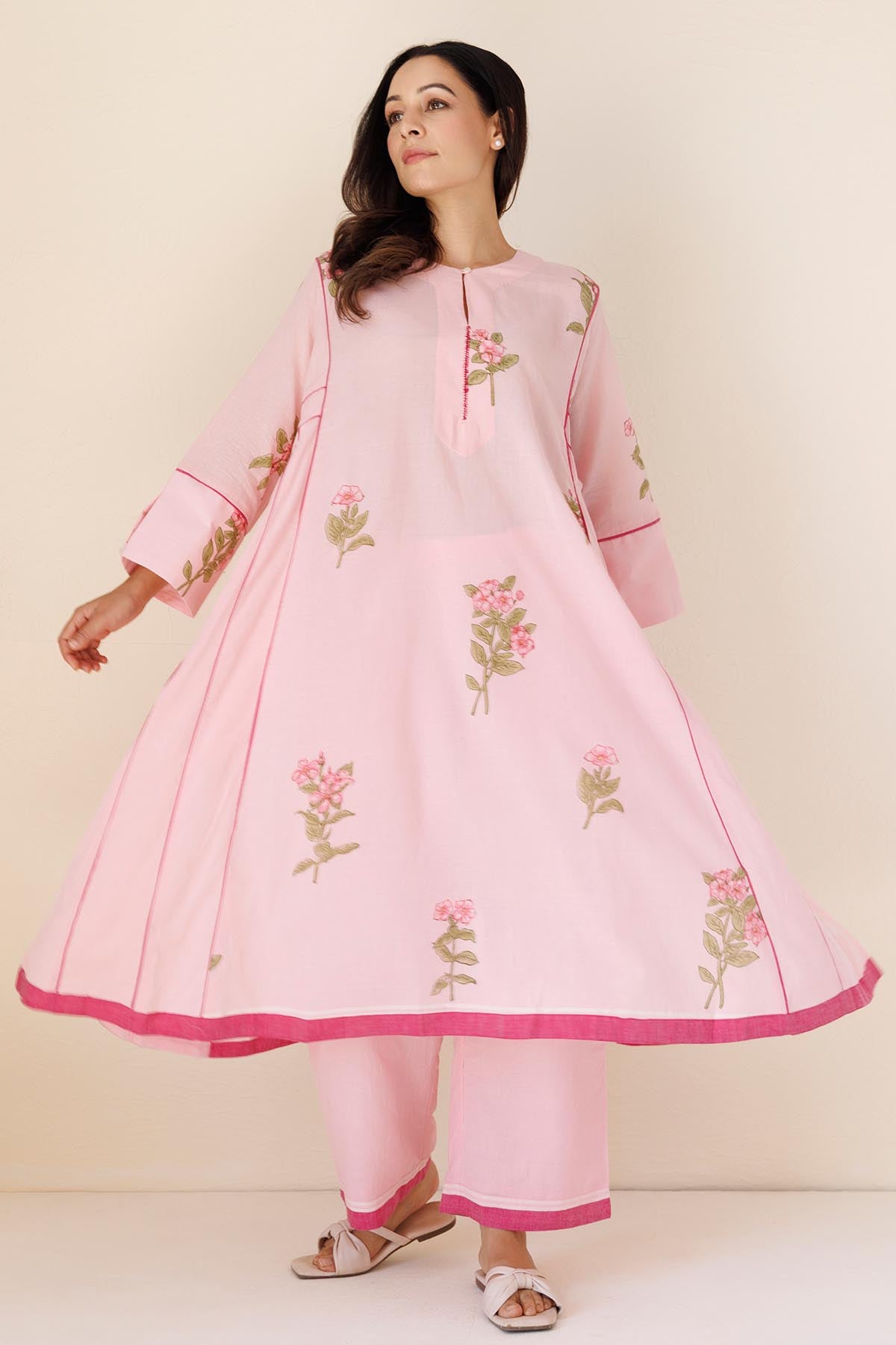 Pink Long Flared Kurta & Pants
