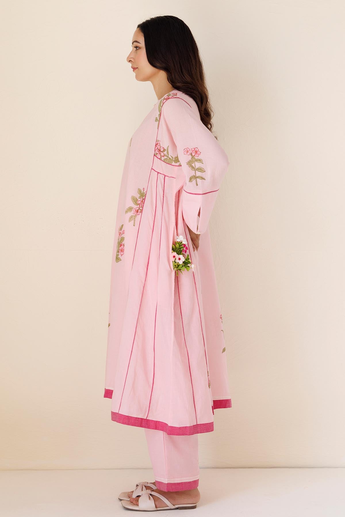 Pink Long Flared Kurta & Pants