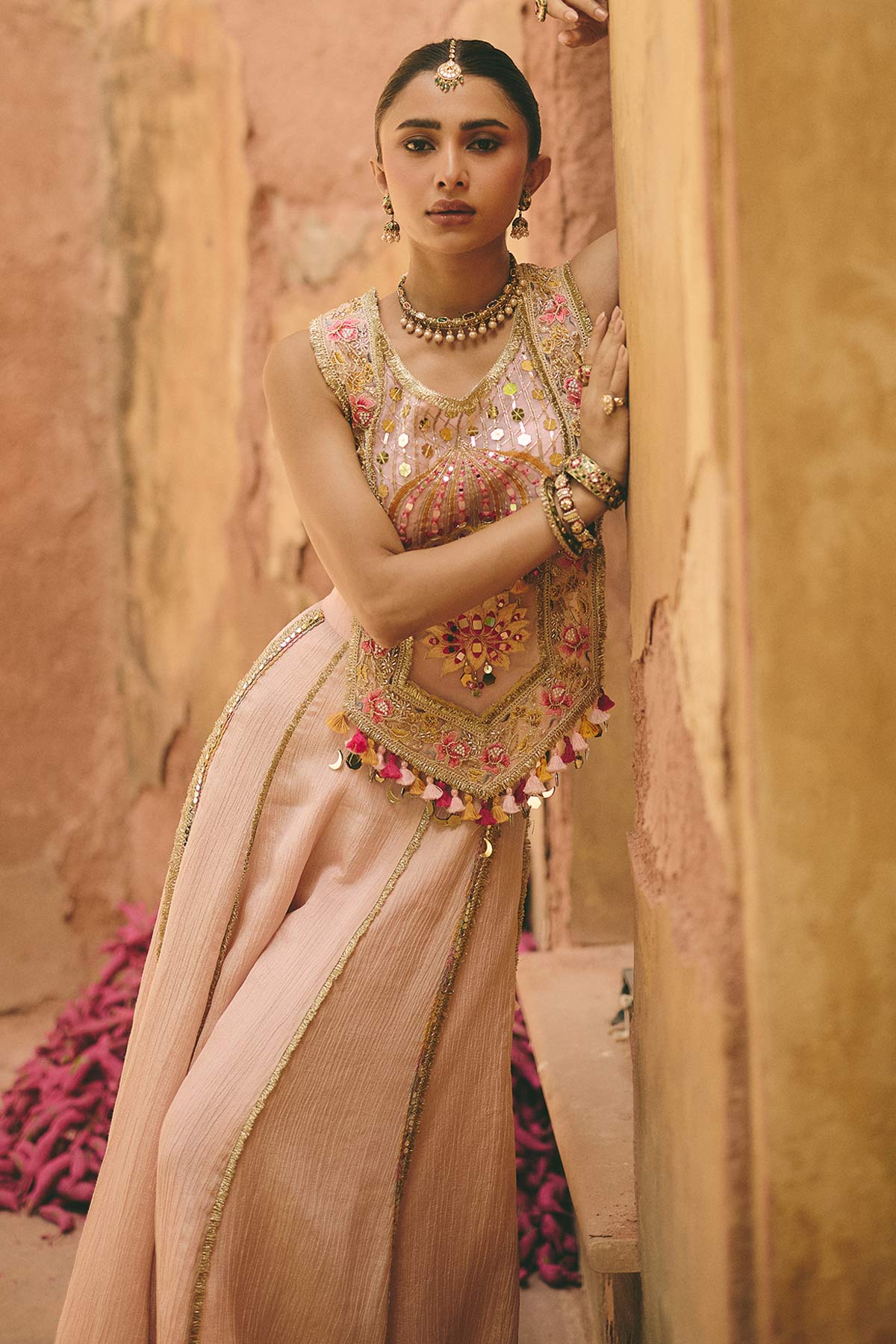 Pink Lotus Motif Indo-Western