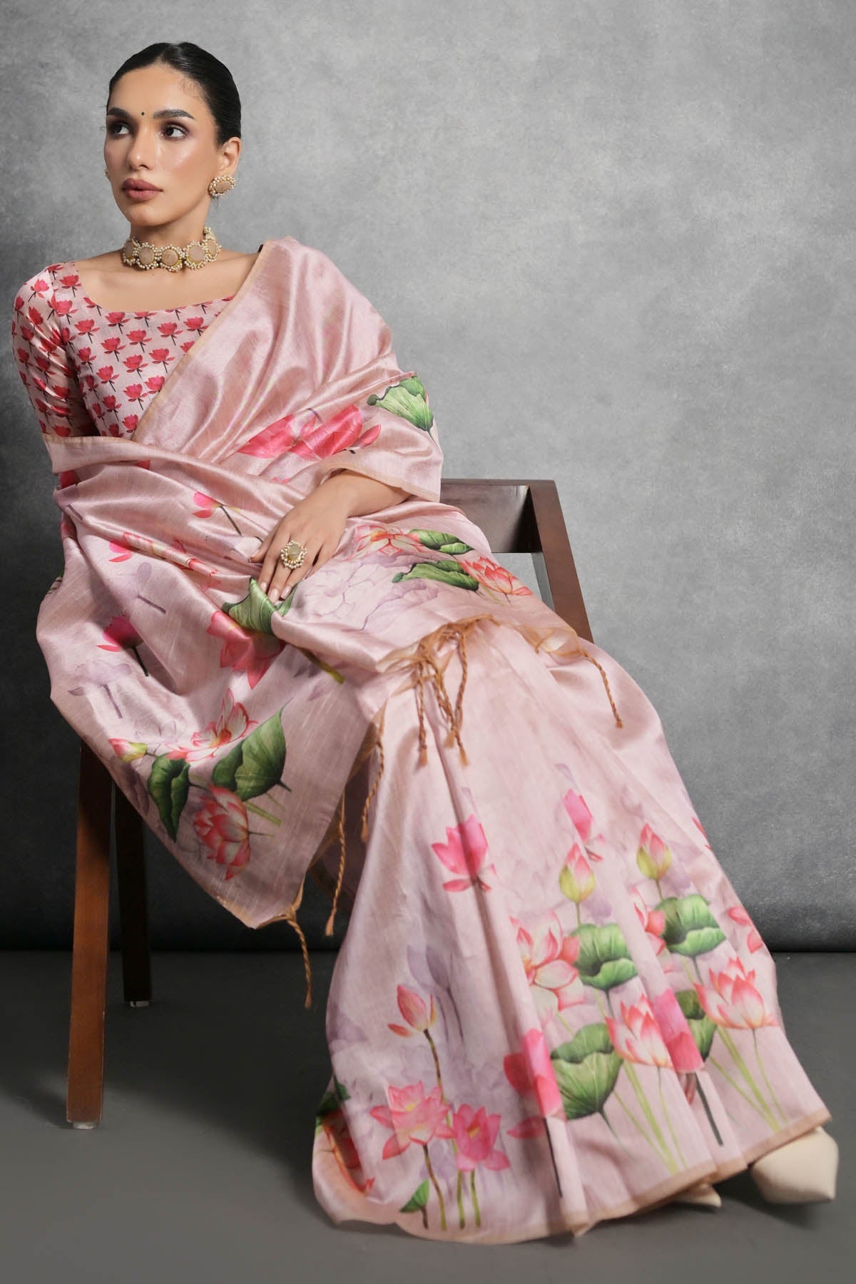 Buy Designer Pink Lotus Print Silk Saree Online