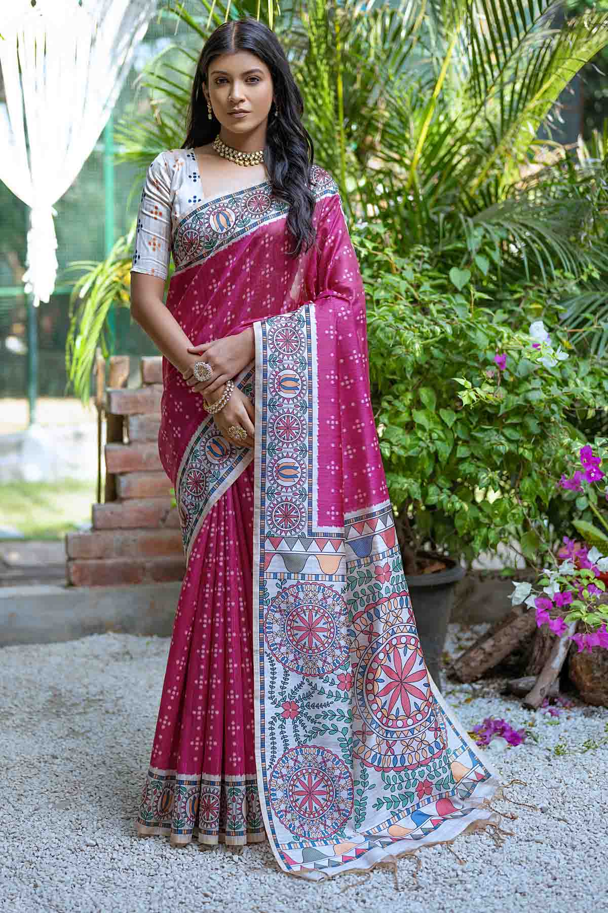 Buy Designer Pink Madhubani Print Saree Online