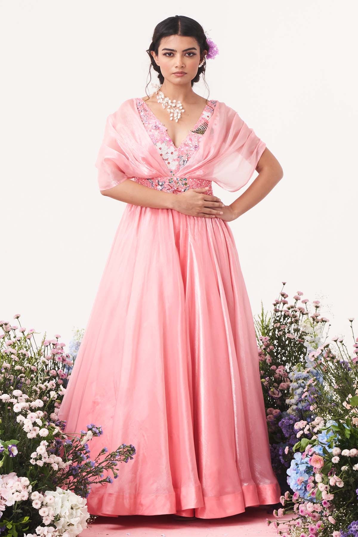 Seharre Pink Metalic V-Neck Organza Gown for women online at ScrollnShops