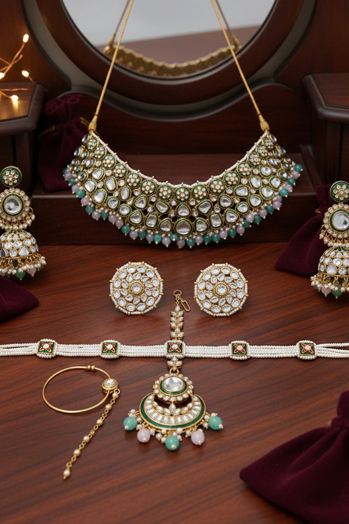 Buy Pink Mint Bridal Jewellery Set for women by Inko & Co online available at scrollnshops