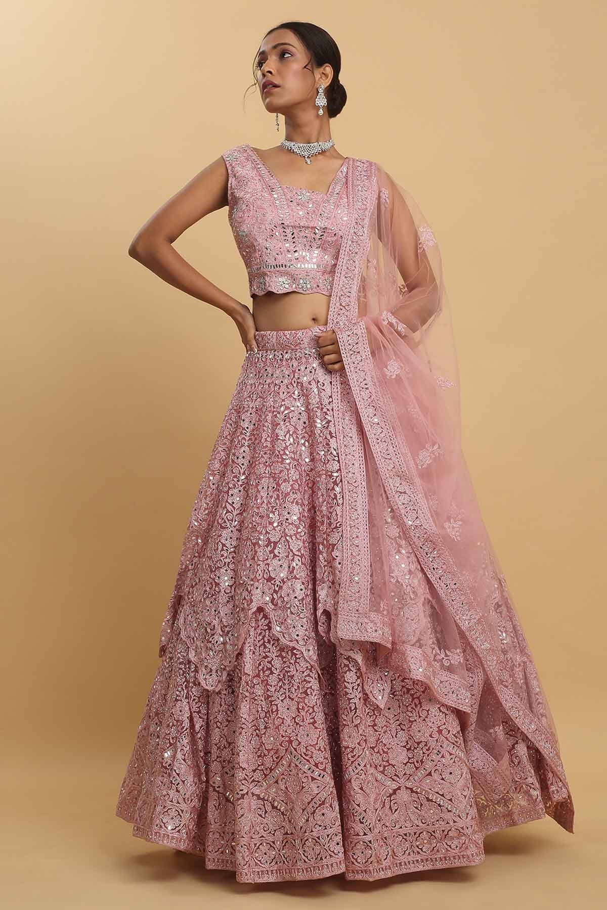 Aham Vayam Pink Mirror Layered Lehenga Set for women online at ScrollnShops