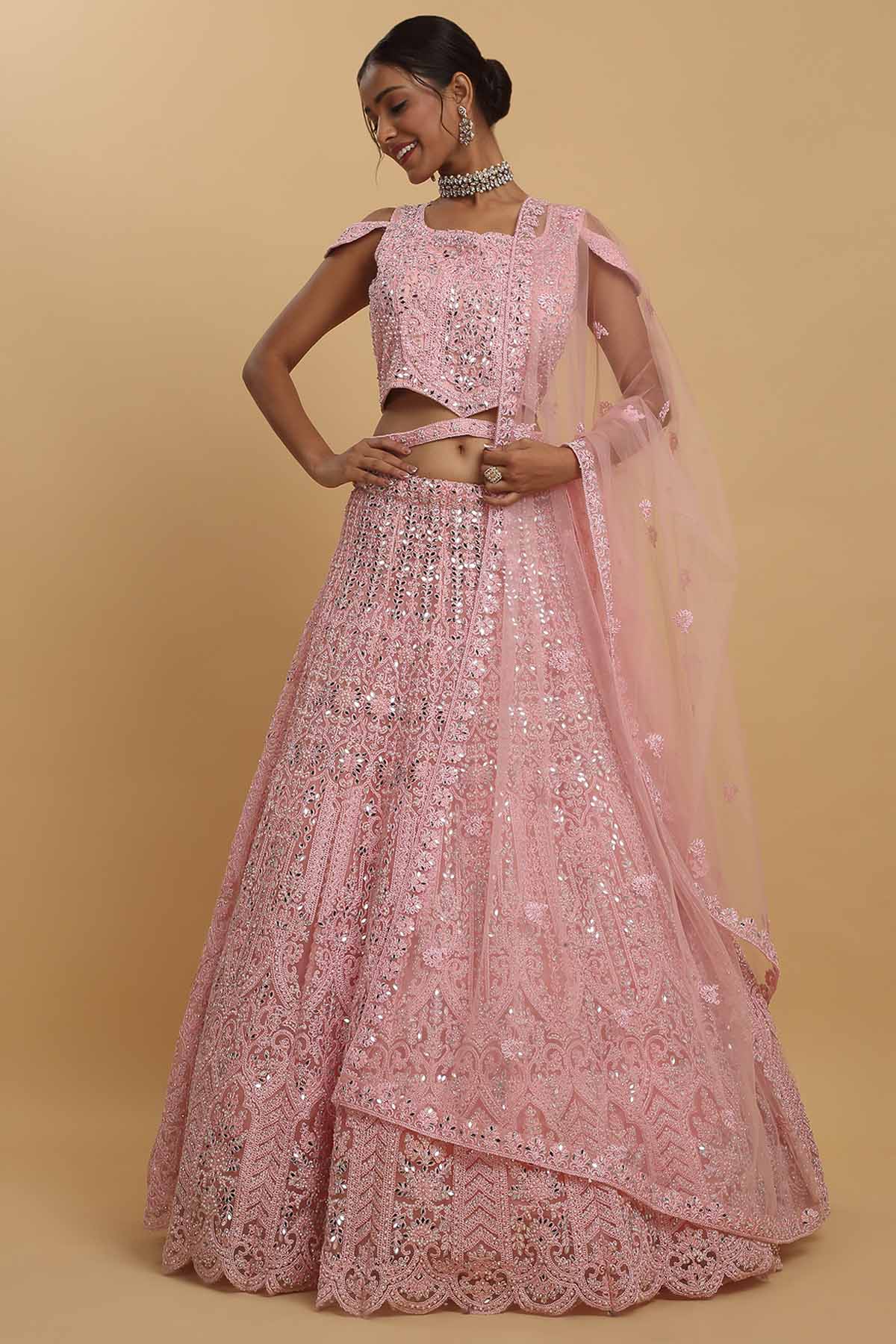 Aham Vayam Pink Mirror Leaf Lehenga Set for women online at ScrollnShops