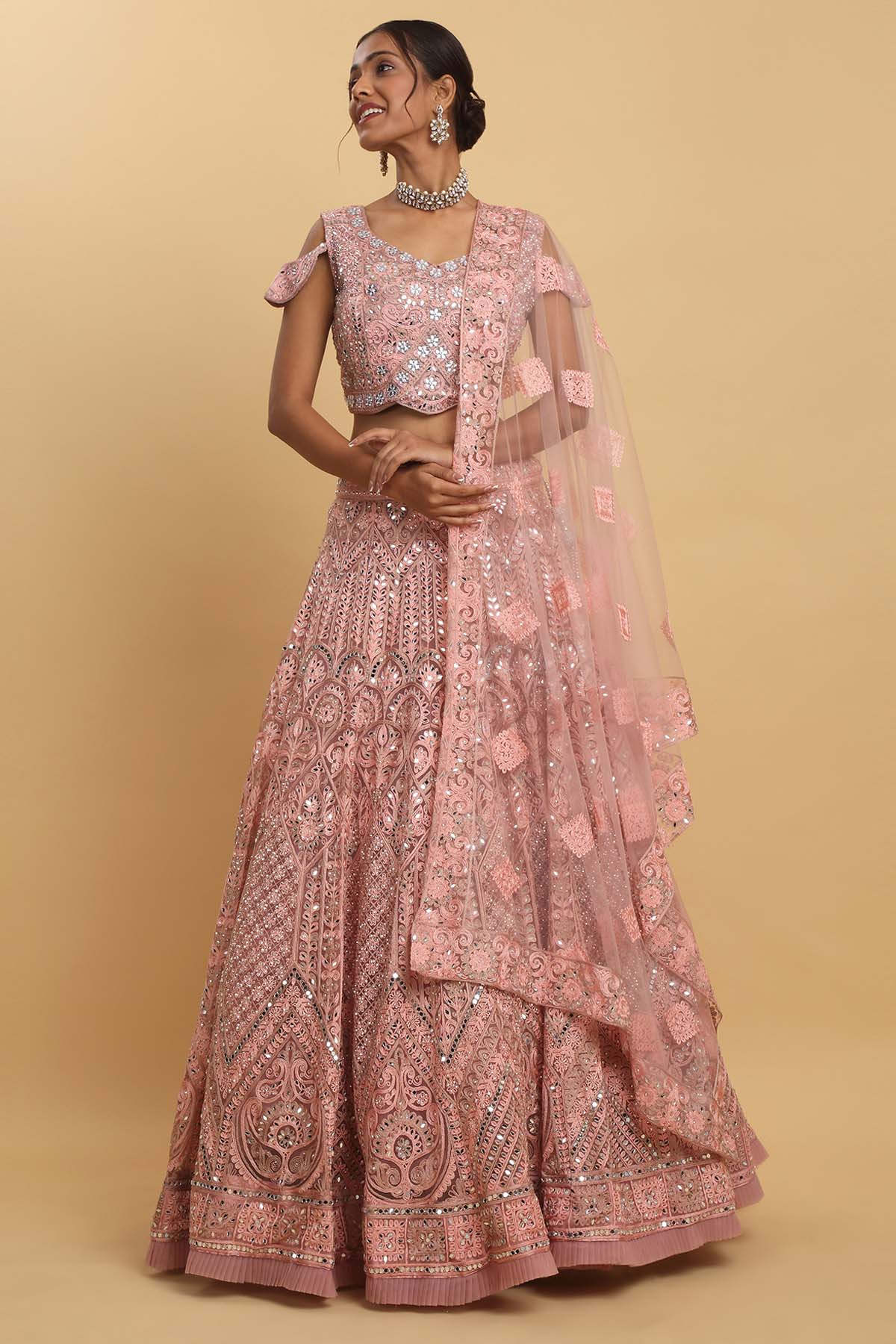 Aham Vayam Pink Mirror Thread Lehenga Set for women online at ScrollnShops