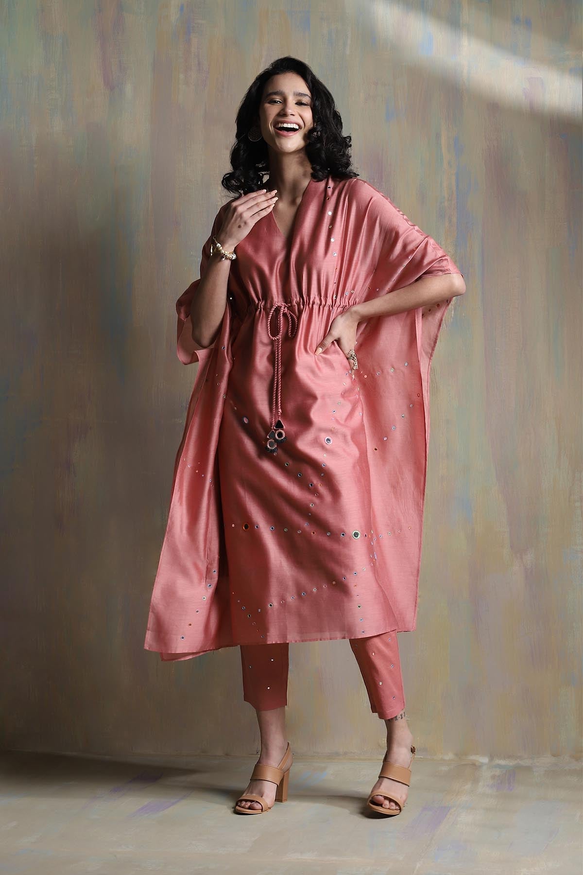 Buy Pink Mirror Work Kaftan Set Online