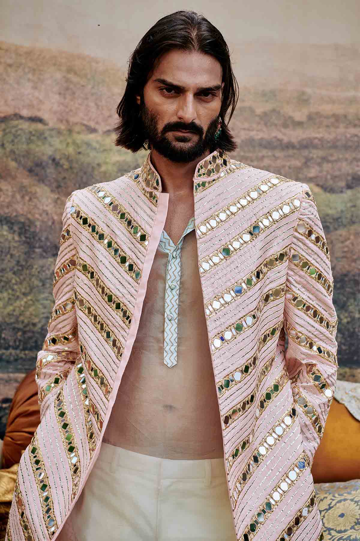 Pink Mirror Work Sherwani Set