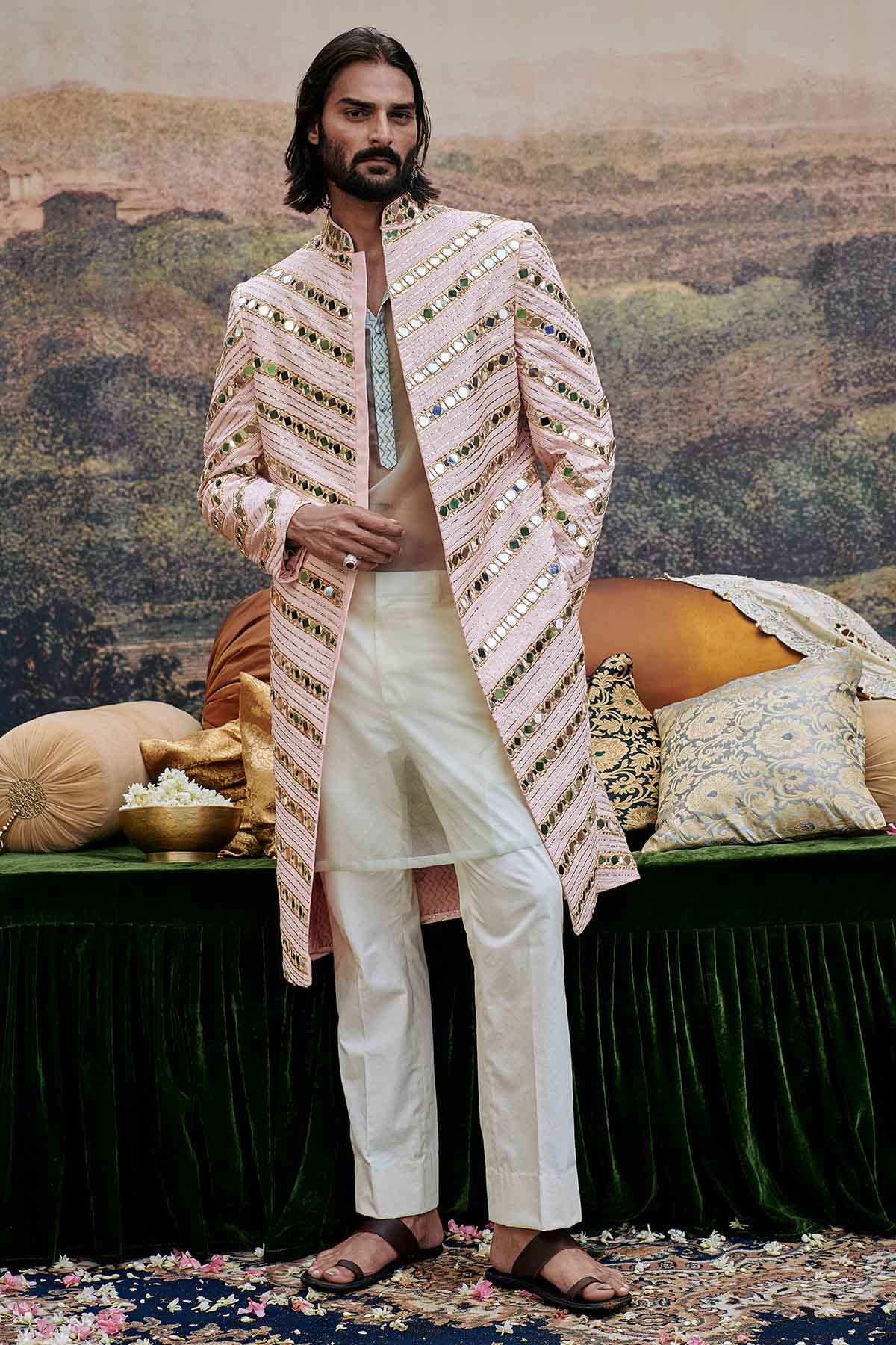 Buy ITRH, Designer Pink Mirror Work Sherwani Set Online