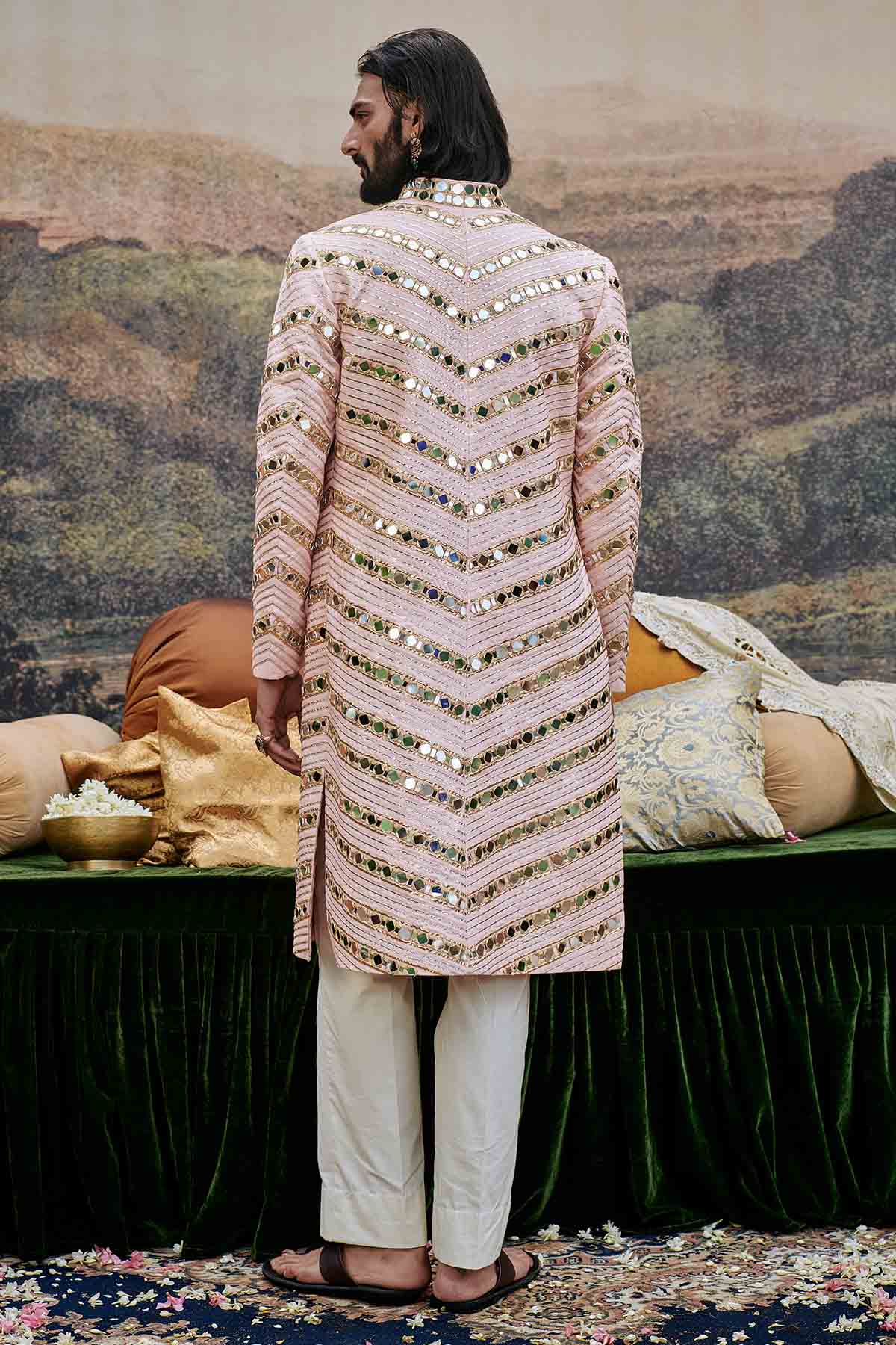 Pink Mirror Work Sherwani Set