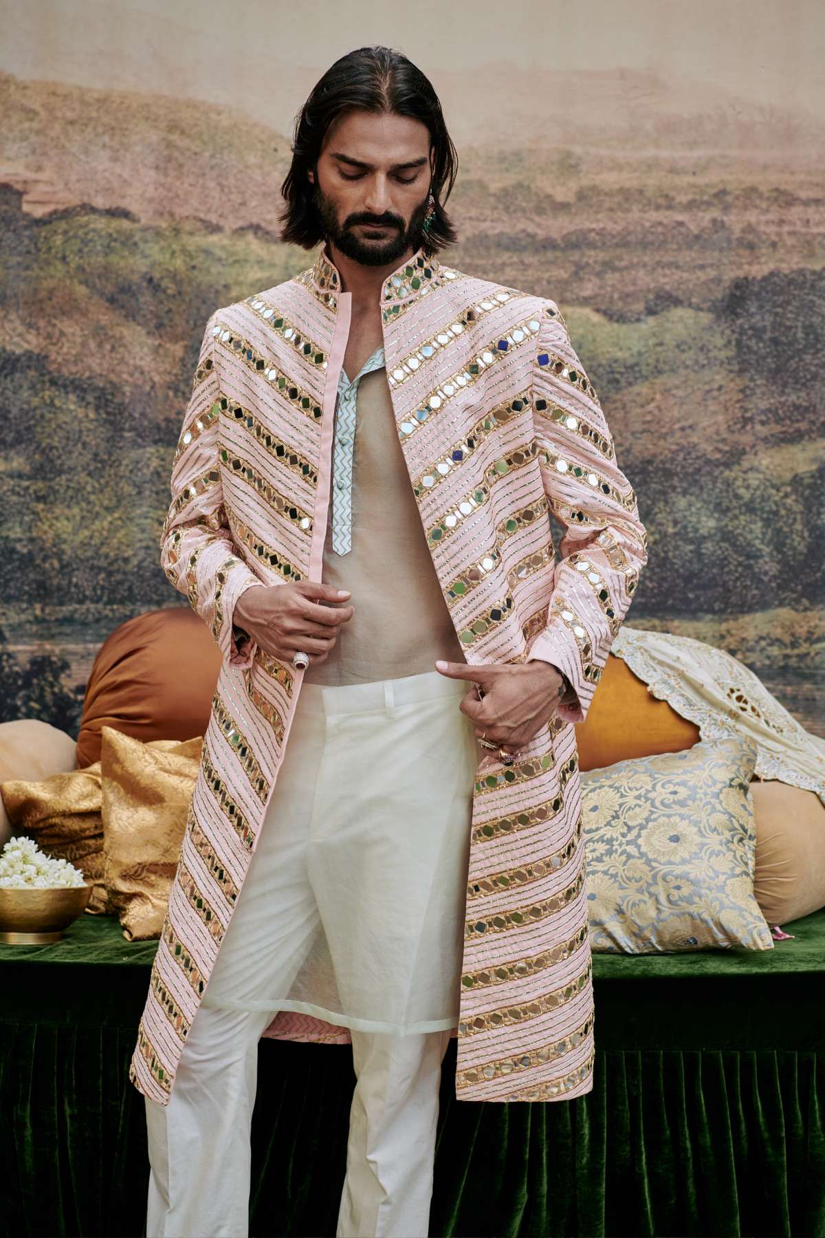 Pink Mirror Work Sherwani Set