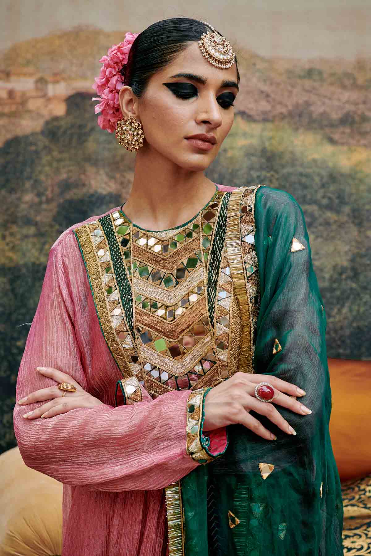 Pink Mirror Work Yoke Kurta Set