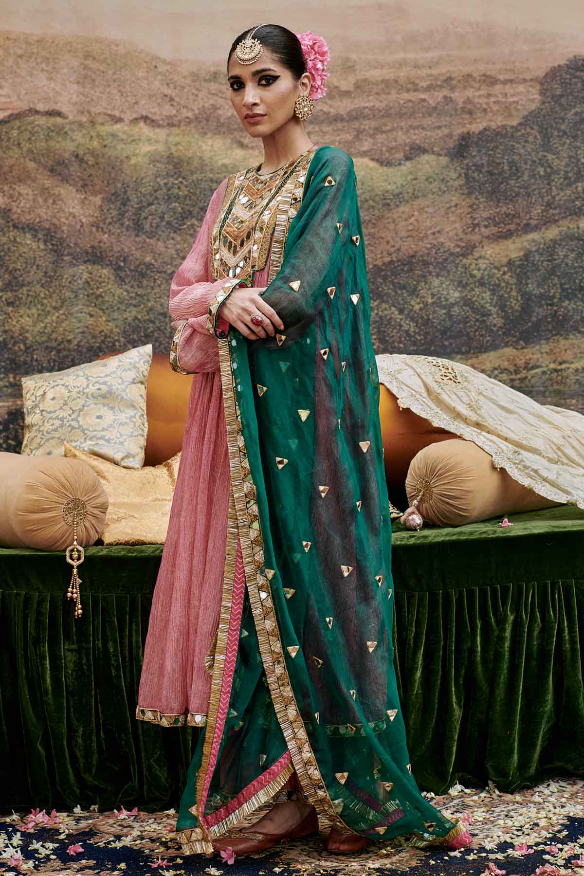 Pink Mirror Work Yoke Kurta Set