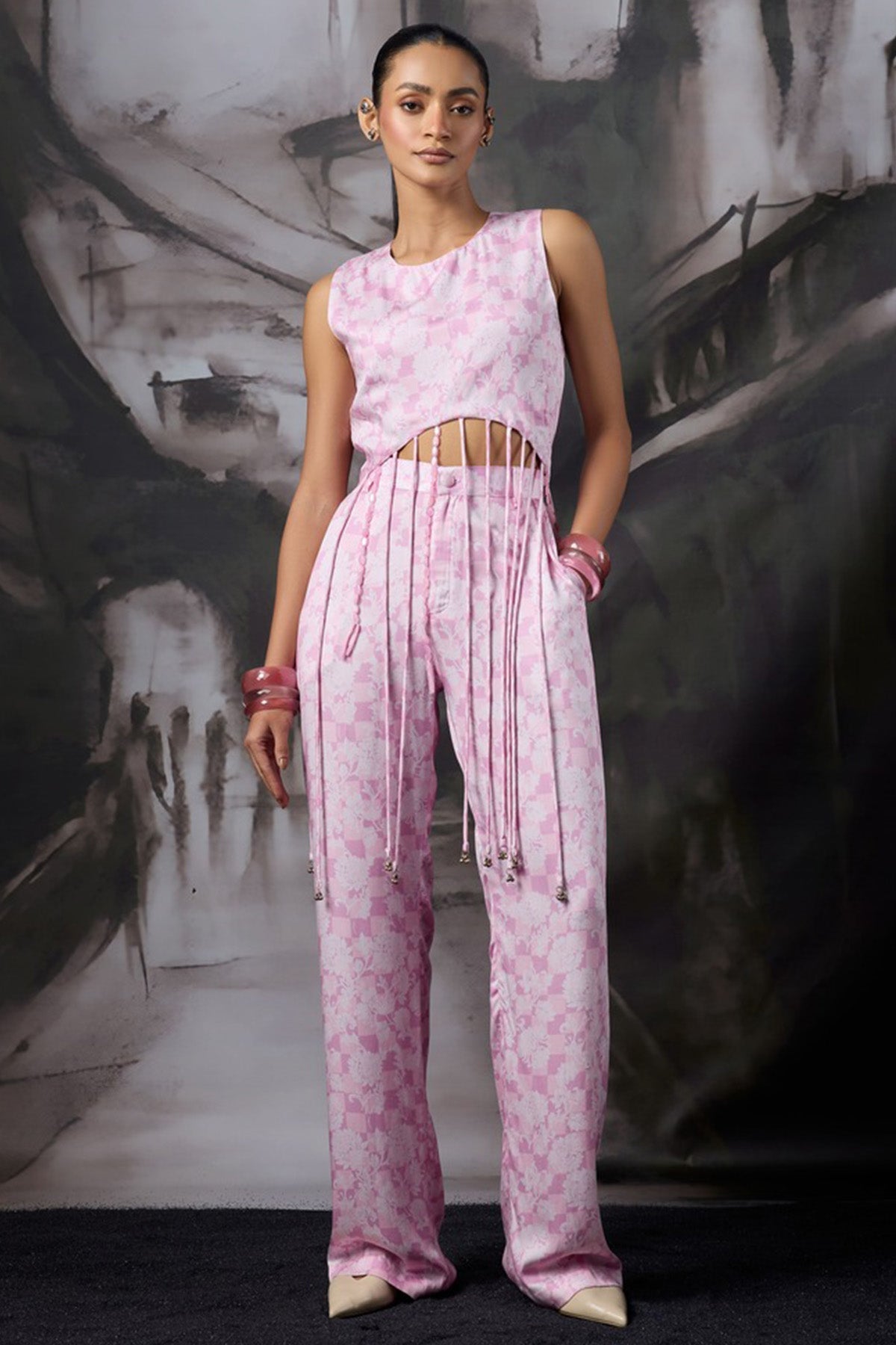 Buy Pink Modal Satin Printed Pants for women by ADK online available at scrollnshops
