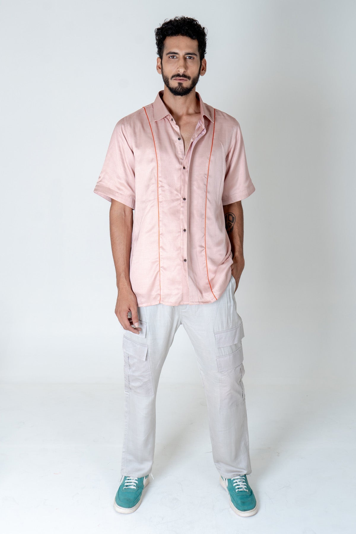 Neora by Nehal Chopra Pink Modal Silk Collar Shirt for men online at ScrollnShops