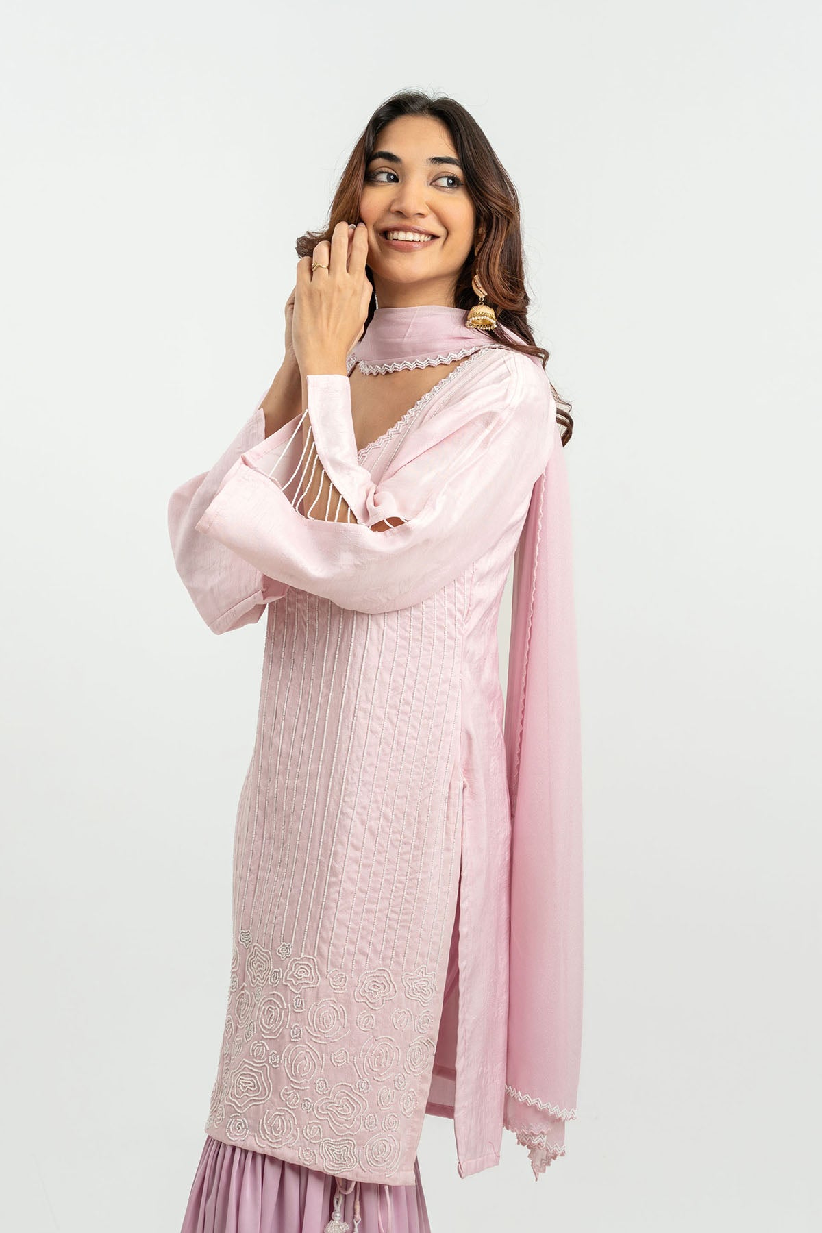 Buy Pink Moti Embroidered Kurta Set Online