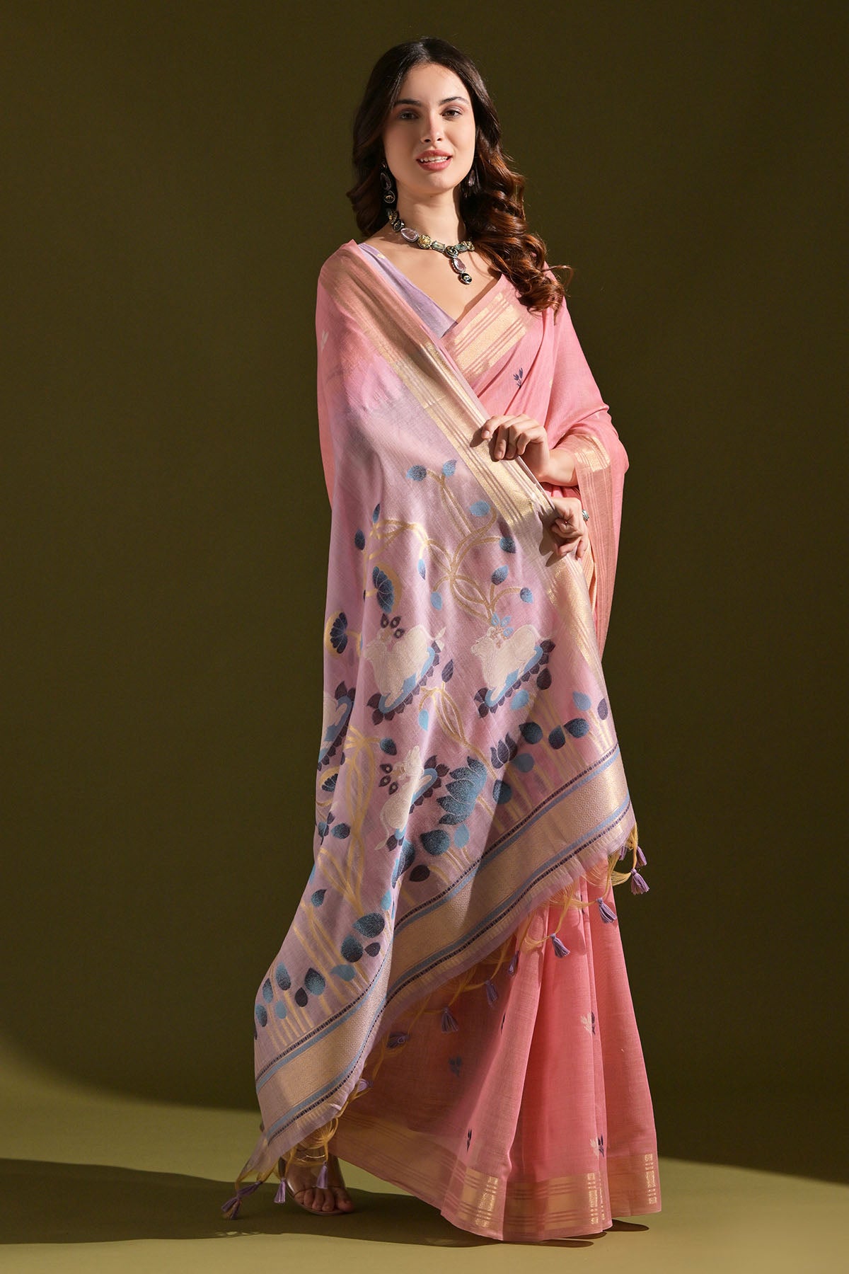 Pink Muga Cotton Floral Saree