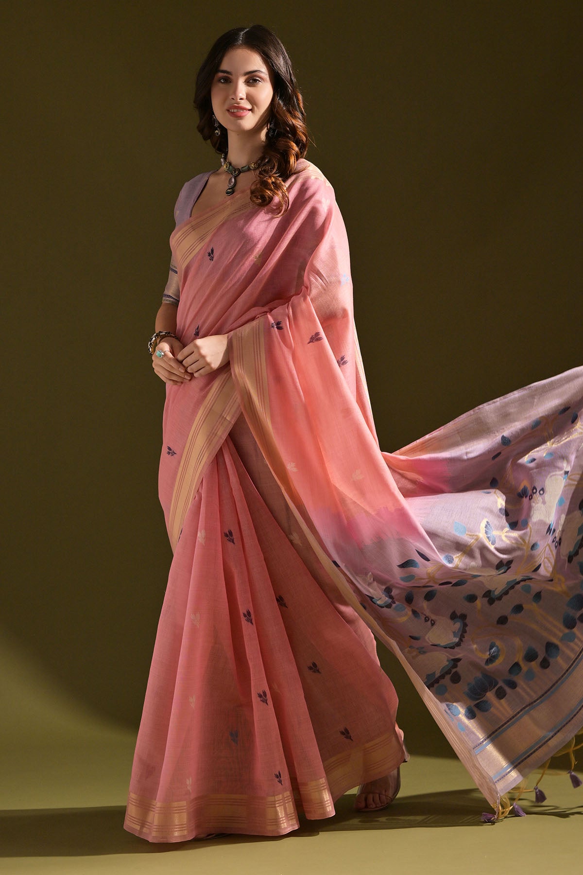 Pink Muga Cotton Floral Saree