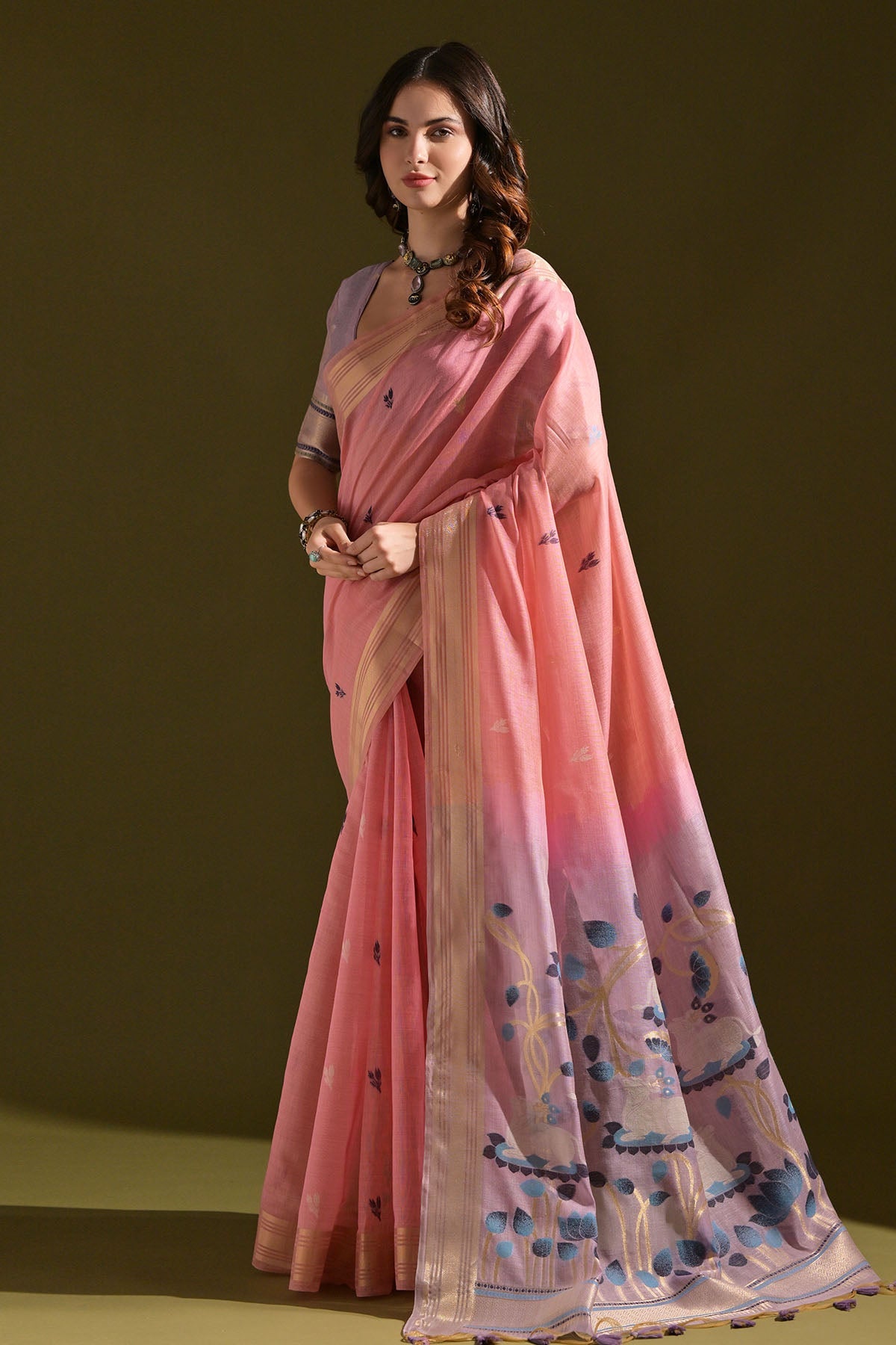 Buy Pink Muga Cotton Floral Saree by Lili Lala for women online at ScrollnShops