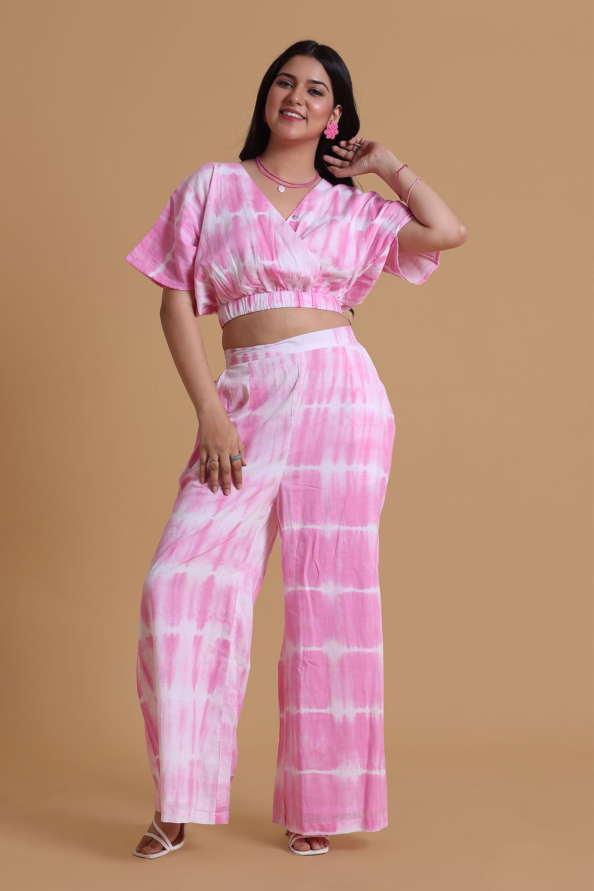 Pink Mulmul V-Neck Top & Pants