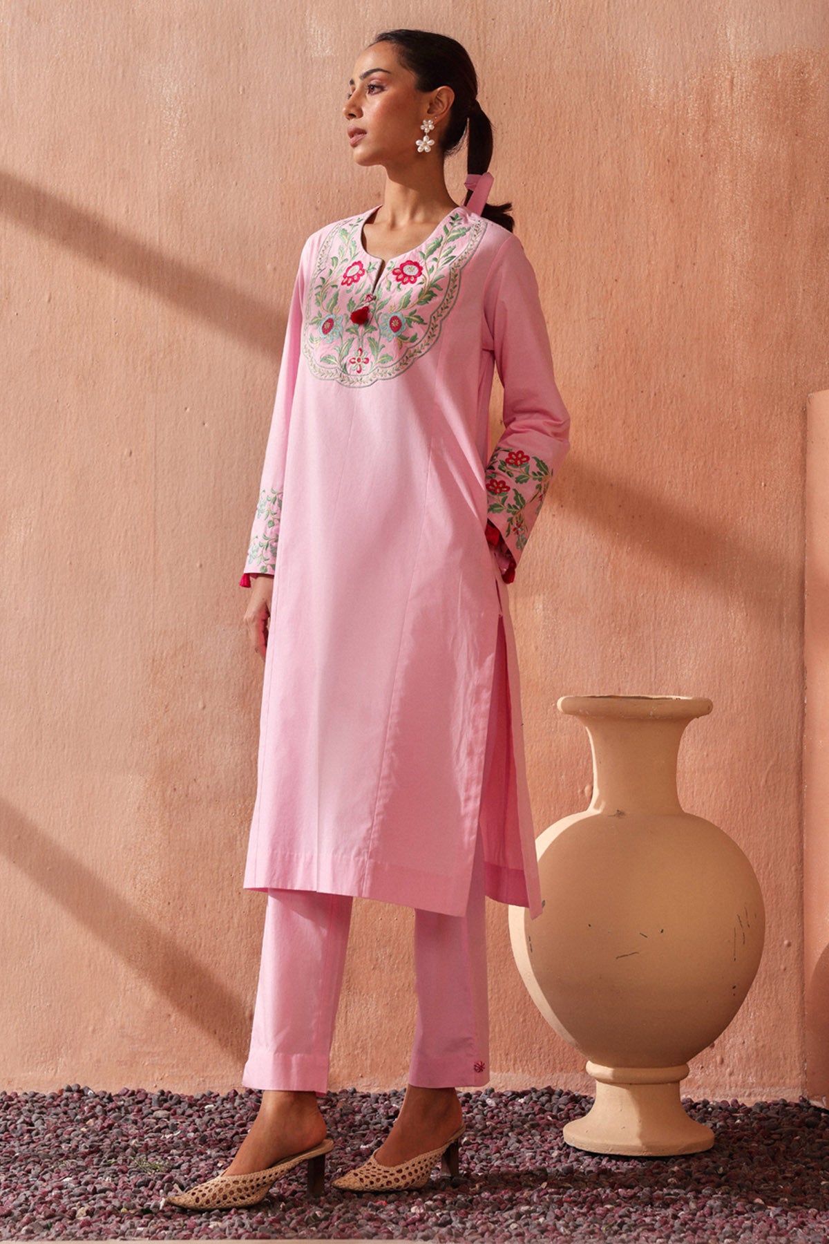 Pink Neck Embroidered Kurta Set