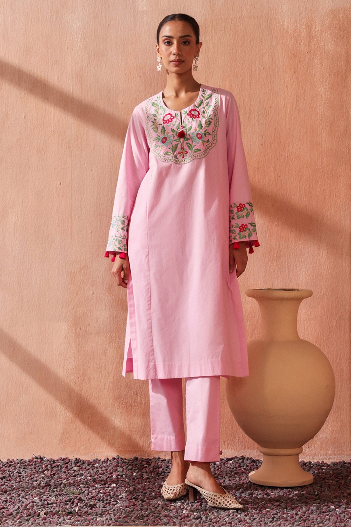 Buy Pink Neck Embroidered Kurta Set by Seema Nanda for women online at ScrollnShops