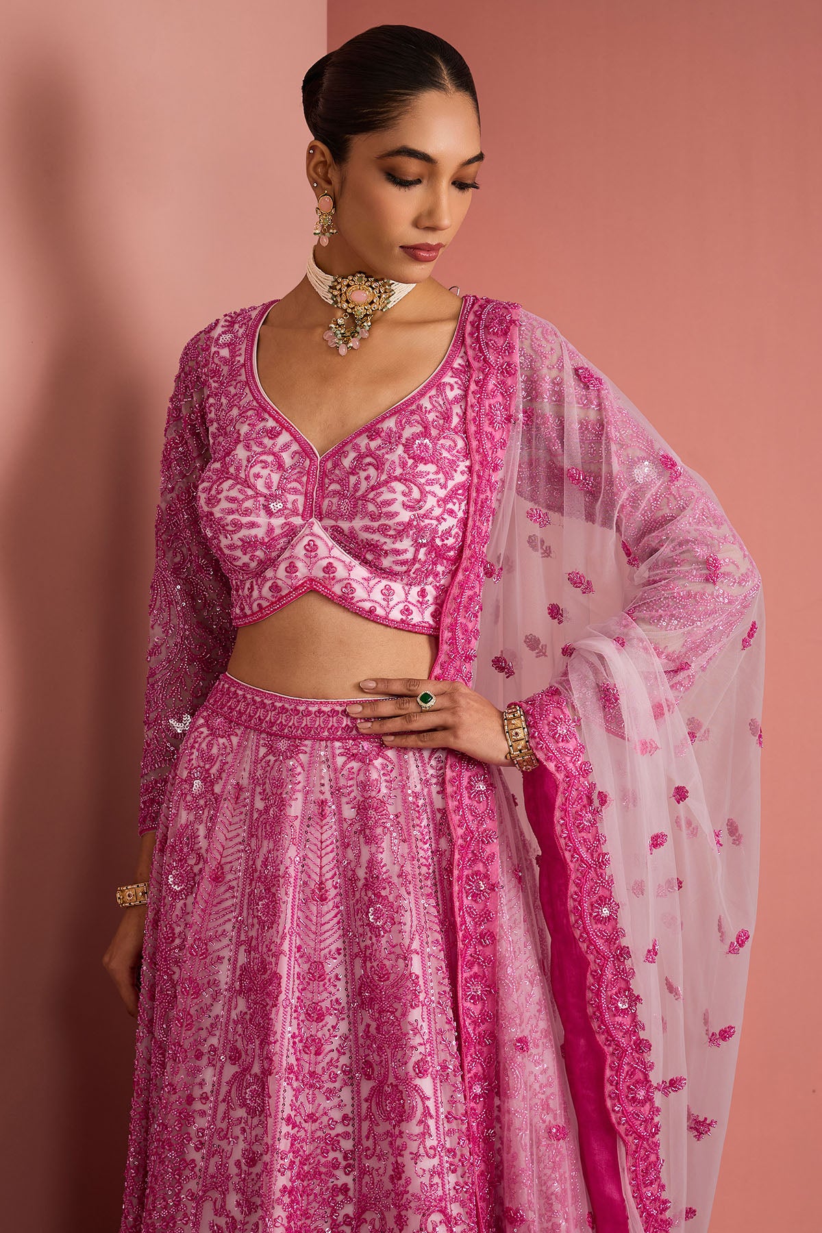 Pink Net Cutdana Lehenga Set