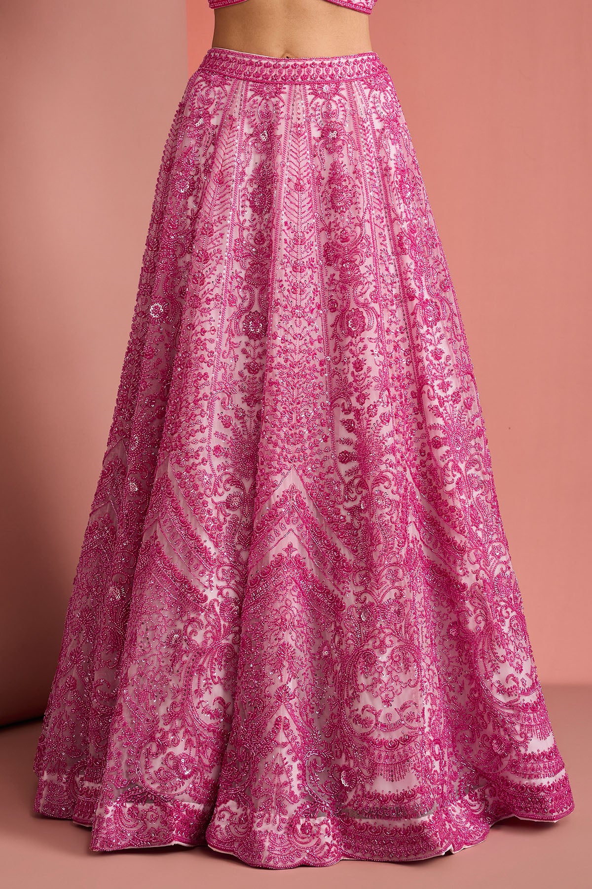 Pink Net Cutdana Lehenga Set