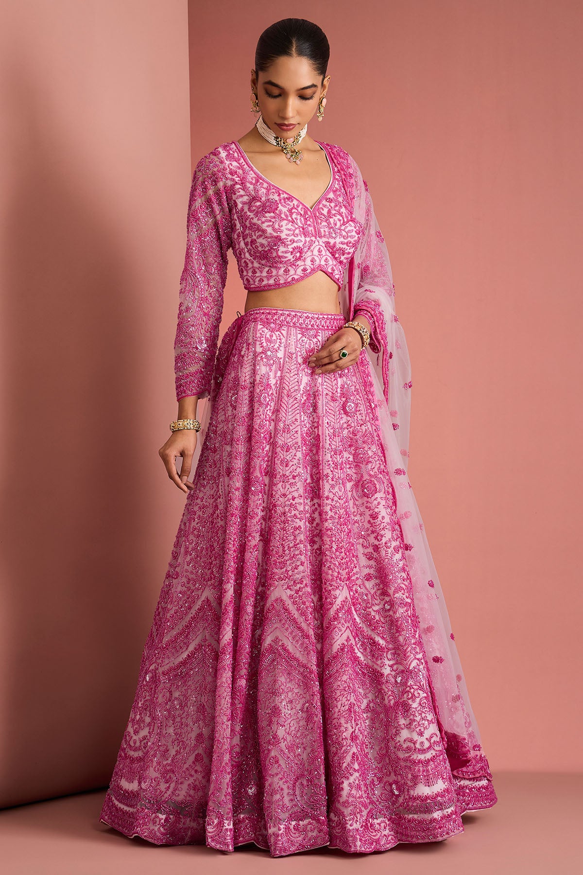 Pink Net Cutdana Lehenga Set