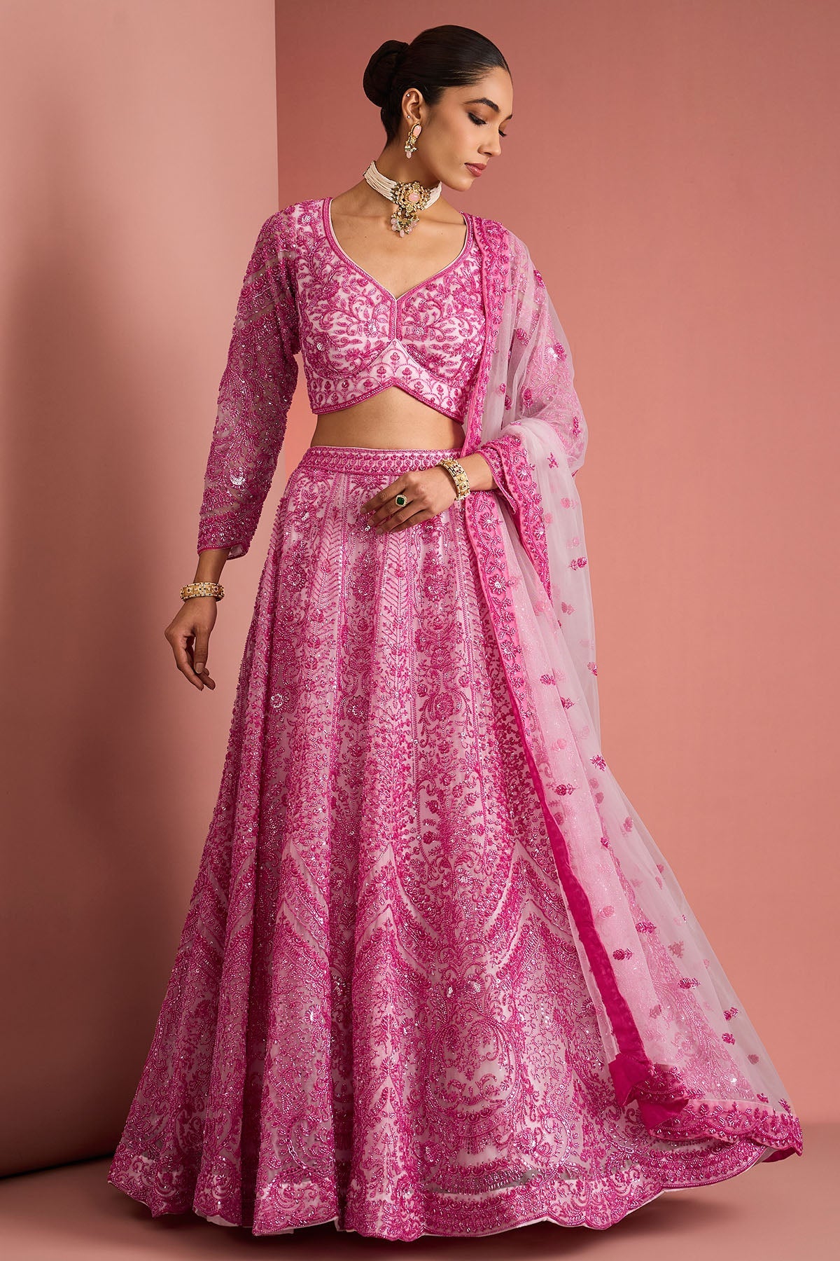 Buy Pink Net Cutdana Lehenga Set for women by Milu Madan online available at scrollnshops